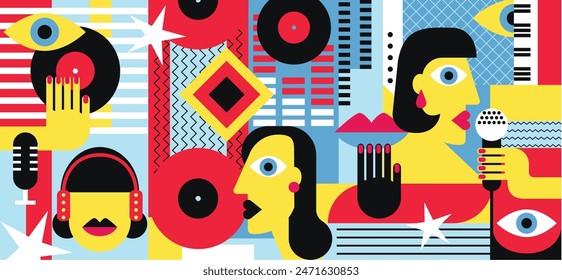 Abstract geometric pop art background. Musical instruments, people enjoy music festival or concert performance. Geometric vector illustration