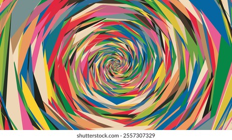 Abstract geometric pop art background made of triangles with spiral effect and muted colors. Digital artwork modern twisted design, blending optical illusion and polygonal design. Vector illustration