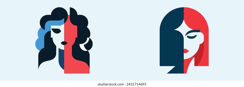 Abstract geometric portrait of woman, logos, vectors