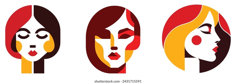 Abstract geometric portrait of woman, logos, vectors