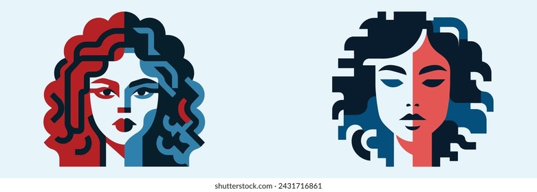 Abstract geometric portrait of woman, logos, vectors