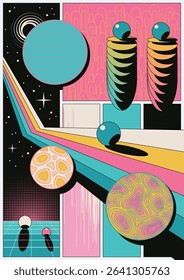 Abstract Geometric Poster. 3D Effect Shapes, Perspectives and Dimensions. 1980s Colors Combination