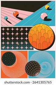Abstract Geometric Poster. 3D Effect Shapes, Perspectives and Dimensions. 1980s Colors Combination