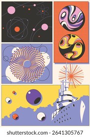 Abstract Geometric Poster. 3D Effect Shapes, Perspectives and Dimensions. 1980s Colors Combination
