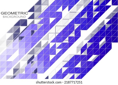Resumen del fondo geométrico del afiche con triángulos azules y puntos de semitono, elemento de diseño