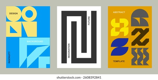 Abstract geometric poster background. Set bold template cover card with different geometric shapes. Modern gradient texture. Banner, cover, wallpaper pattern - vector