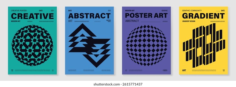 Abstract geometric poster background vector set. Cover template with vibrant perspective pixel, square shape. Ideal design for social media, cover, banner, music, ads.