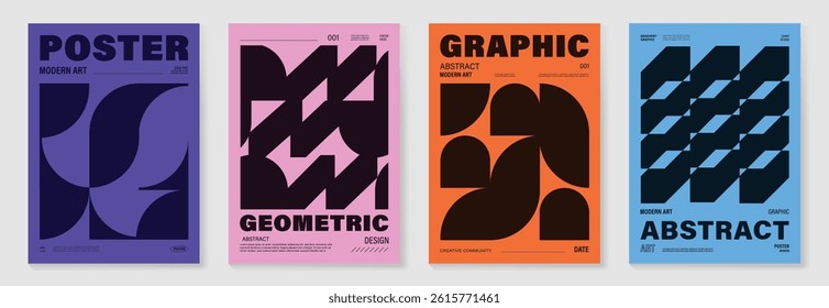 Abstract geometric poster background vector set. Cover template with vibrant perspective pixel, square shape. Ideal design for social media, cover, banner, music, ads.