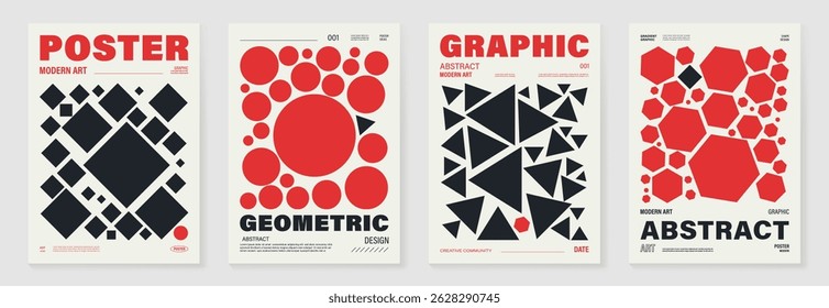 Abstract geometric poster background vector set. Cover template with vibrant perspective circle, square, triangle, polygon. Ideal design for social media, cover, banner, music, ads.
