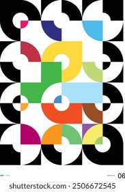 Abstract geometric poster with bold, colorful shapes and black accents. Perfect for modern wall art, graphic design, and vibrant prints. High-quality vector design.