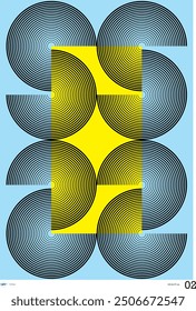 Abstract geometric poster with concentric circles, bold yellow and blue color blocks. Ideal for modern wall art, and graphic design prints. Perfect for contemporary decor and creative projects.