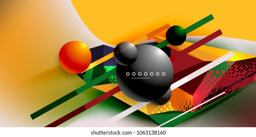 Afiche geométrico abstracto creado con elementos triangulares poligonales, líneas, esferas, texturas materiales, elementos holográficos. Fondo abstracto vectorial moderno