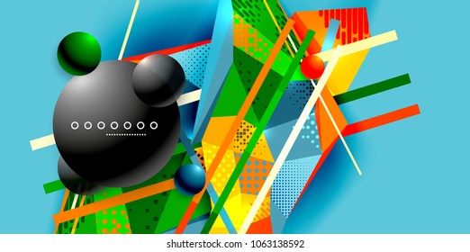 Abstract geometric poster created with polygonal triangle elements, lines, spheres, material textures, holographic elements. Vector modern abstract background