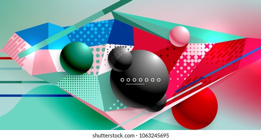 Abstract geometric poster created with polygonal triangle elements, lines, spheres, material textures, holographic elements. Vector modern abstract background