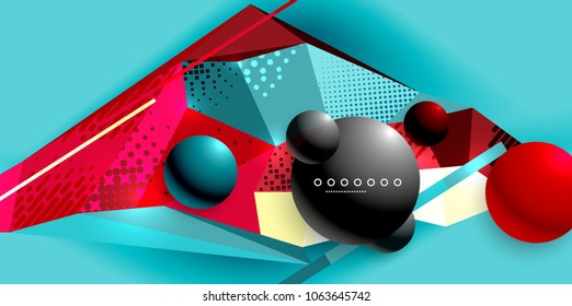 Abstract geometric poster created with polygonal triangle elements, lines, spheres, material textures, holographic elements. Vector modern abstract background