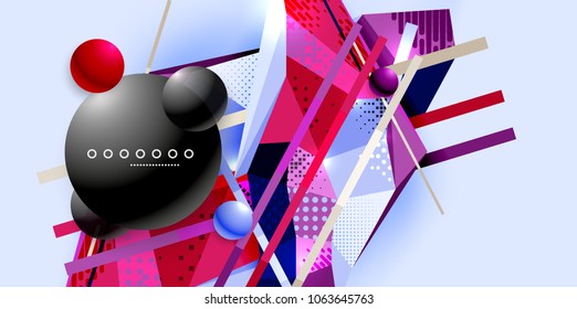 Abstract geometric poster created with polygonal triangle elements, lines, spheres, material textures, holographic elements. Vector modern abstract background