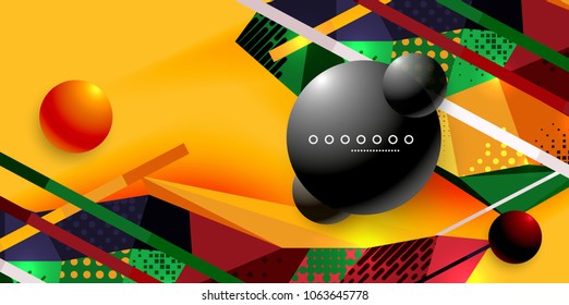 Abstract geometric poster created with polygonal triangle elements, lines, spheres, material textures, holographic elements. Vector modern abstract background