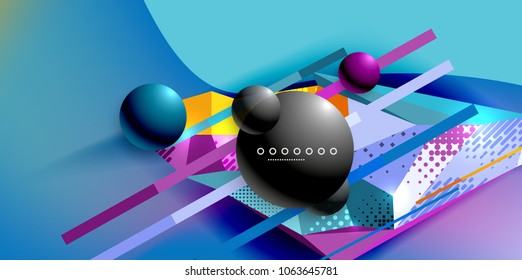 Afiche geométrico abstracto creado con elementos triangulares poligonales, líneas, esferas, texturas materiales, elementos holográficos. Fondo abstracto vectorial moderno