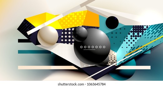 Afiche geométrico abstracto creado con elementos triangulares poligonales, líneas, esferas, texturas materiales, elementos holográficos. Fondo abstracto vectorial moderno