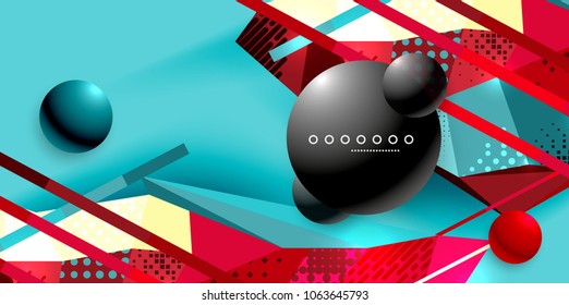 Abstract geometric poster created with polygonal triangle elements, lines, spheres, material textures, holographic elements. Vector modern abstract background
