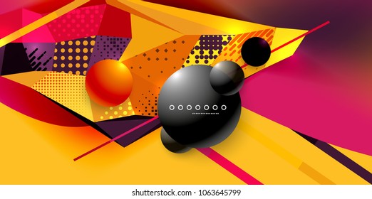 Afiche geométrico abstracto creado con elementos triangulares poligonales, líneas, esferas, texturas materiales, elementos holográficos. Fondo abstracto vectorial moderno