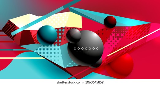 Abstraktes geometrisches Poster, das mit polygonalen Dreieckelementen, Linien, Kugeln, Materialtexturen, holografischen Elementen erstellt wurde. Moderner abstrakter Vektorhintergrund
