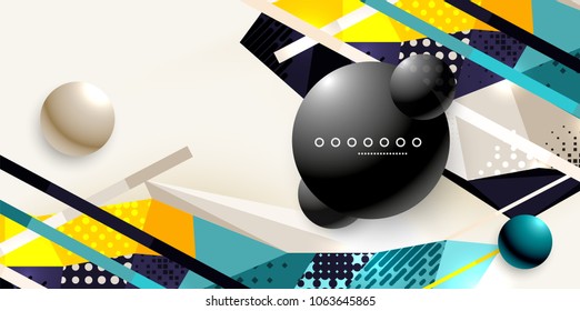 Abstract geometric poster created with polygonal triangle elements, lines, spheres, material textures, holographic elements. Vector modern abstract background