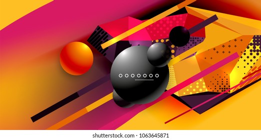 Abstract geometric poster created with polygonal triangle elements, lines, spheres, material textures, holographic elements. Vector modern abstract background