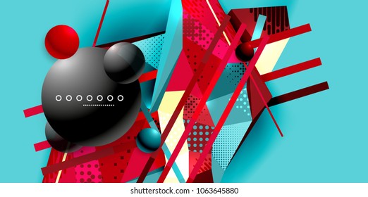 Afiche geométrico abstracto creado con elementos triangulares poligonales, líneas, esferas, texturas materiales, elementos holográficos. Fondo abstracto vectorial moderno