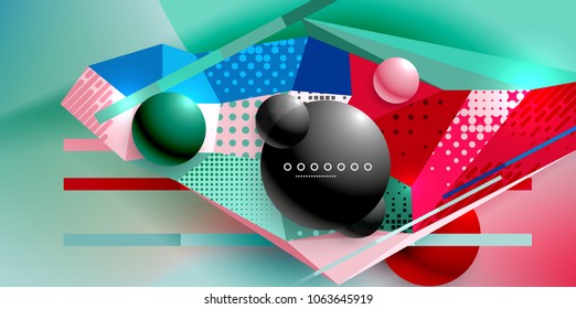 Abstract geometric poster created with polygonal triangle elements, lines, spheres, material textures, holographic elements. Vector modern abstract background