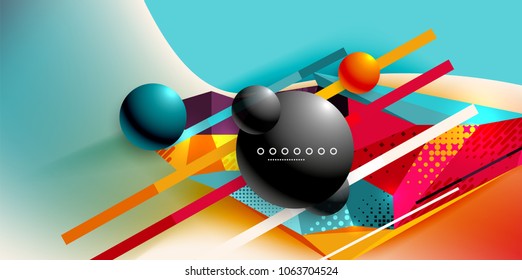 Abstract geometric poster created with polygonal triangle elements, lines, spheres, material textures, holographic elements. Vector modern abstract background