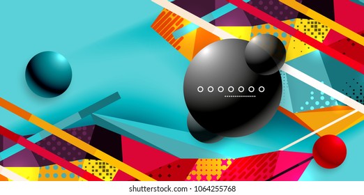 Abstraktes geometrisches Poster, das mit polygonalen Dreieckelementen, Linien, Kugeln, Materialtexturen, holografischen Elementen erstellt wurde. Moderner abstrakter Vektorhintergrund