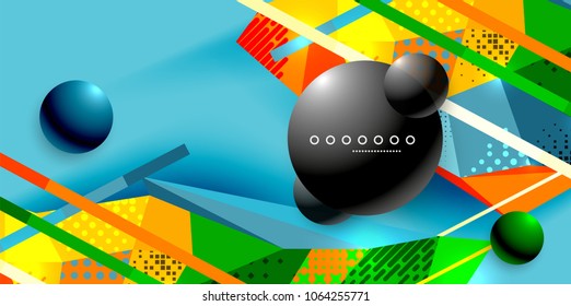 Abstract geometric poster created with polygonal triangle elements, lines, spheres, material textures, holographic elements. Vector modern abstract background