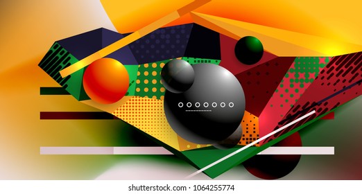 Abstraktes geometrisches Poster, das mit polygonalen Dreieckelementen, Linien, Kugeln, Materialtexturen, holografischen Elementen erstellt wurde. Moderner abstrakter Vektorhintergrund