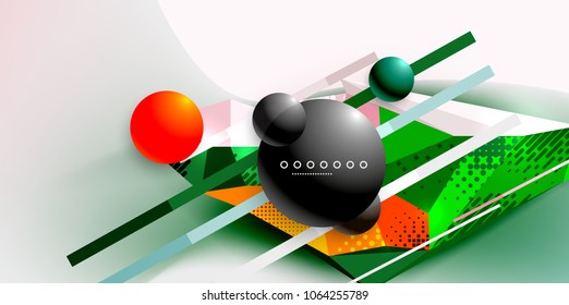 Afiche geométrico abstracto creado con elementos triangulares poligonales, líneas, esferas, texturas materiales, elementos holográficos. Fondo abstracto vectorial moderno