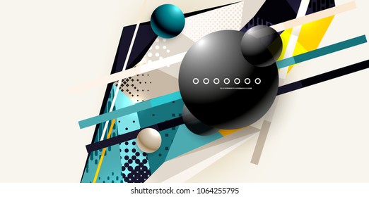 Abstract geometric poster created with polygonal triangle elements, lines, spheres, material textures, holographic elements. Vector modern abstract background