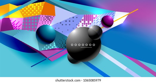 Afiche geométrico abstracto creado con elementos triangulares poligonales, líneas, esferas, texturas materiales, elementos holográficos. Fondo abstracto vectorial moderno