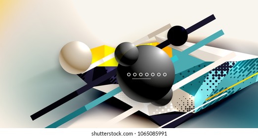 Abstract geometric poster created with polygonal triangle elements, lines, spheres, material textures, holographic elements. Vector modern abstract background