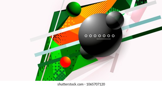 Abstract geometric poster created with polygonal triangle elements, lines, spheres, material textures, holographic elements. Vector modern abstract background