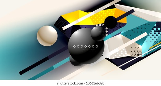 Abstract geometric poster created with polygonal triangle elements, lines, spheres, material textures, holographic elements. Vector modern abstract background