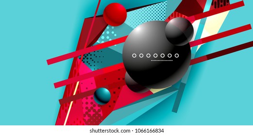 Abstract geometric poster created with polygonal triangle elements, lines, spheres, material textures, holographic elements. Vector modern abstract background