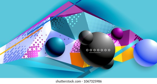 Abstract geometric poster created with polygonal triangle elements, lines, spheres, material textures, holographic elements. Vector modern abstract background