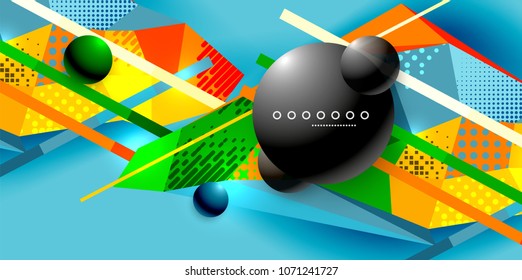 Abstract geometric poster created with polygonal triangle elements, lines, spheres, material textures, holographic elements. Vector modern abstract background