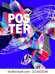 Abstract geometric poster design with  iridescent shapes.  Colorful gradient crystals and white inscription.