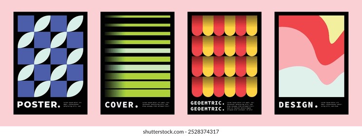 Conjunto de design de pôster geométrico abstrato. Modelo de capa pós-moderno. A geometria colorida molda o espaço de cópia de plano de fundo. Adequado para anúncio, marca, apresentação ou modelo de mídia social.