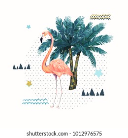 Abstract geometric poster with flamingo. Summer tropical design. Watercolor vector illustration