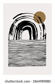 Abstraktes geometrisches Plakat im modernen Stil der Mitte des Jahrhunderts. Minimale Illustration mit handgezeichnet strukturiertem Pinselstrich und Kreis für minimalistisches Druck, Cover, boho Home-Dekor, Tapete-Design. Vektorkunst