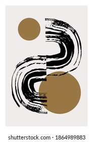 Abstract geometric poster in modern mid century style. Minimal illustration with hand drawn textured brush stroke and circle for minimalist print, cover, boho home decor, wallpaper design. Vector art