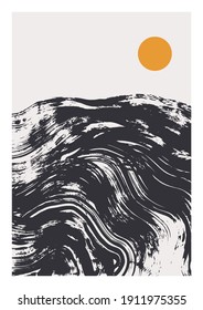 Afiche geométrico abstracto al estilo moderno de mediados de siglo. Ilustración mínima con pincel de textura dibujado a mano y círculo para impresión minimalista, cubierta, decoración de casa boho, diseño de papel pintado. Arte vectorial