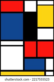 Abstract geometric poster - Mondrian modern art. Trendy wall art with red, blue, yellow cubes and squares. Perfect design for t shirt, phone case, cover, background, decor print. Vector illustration